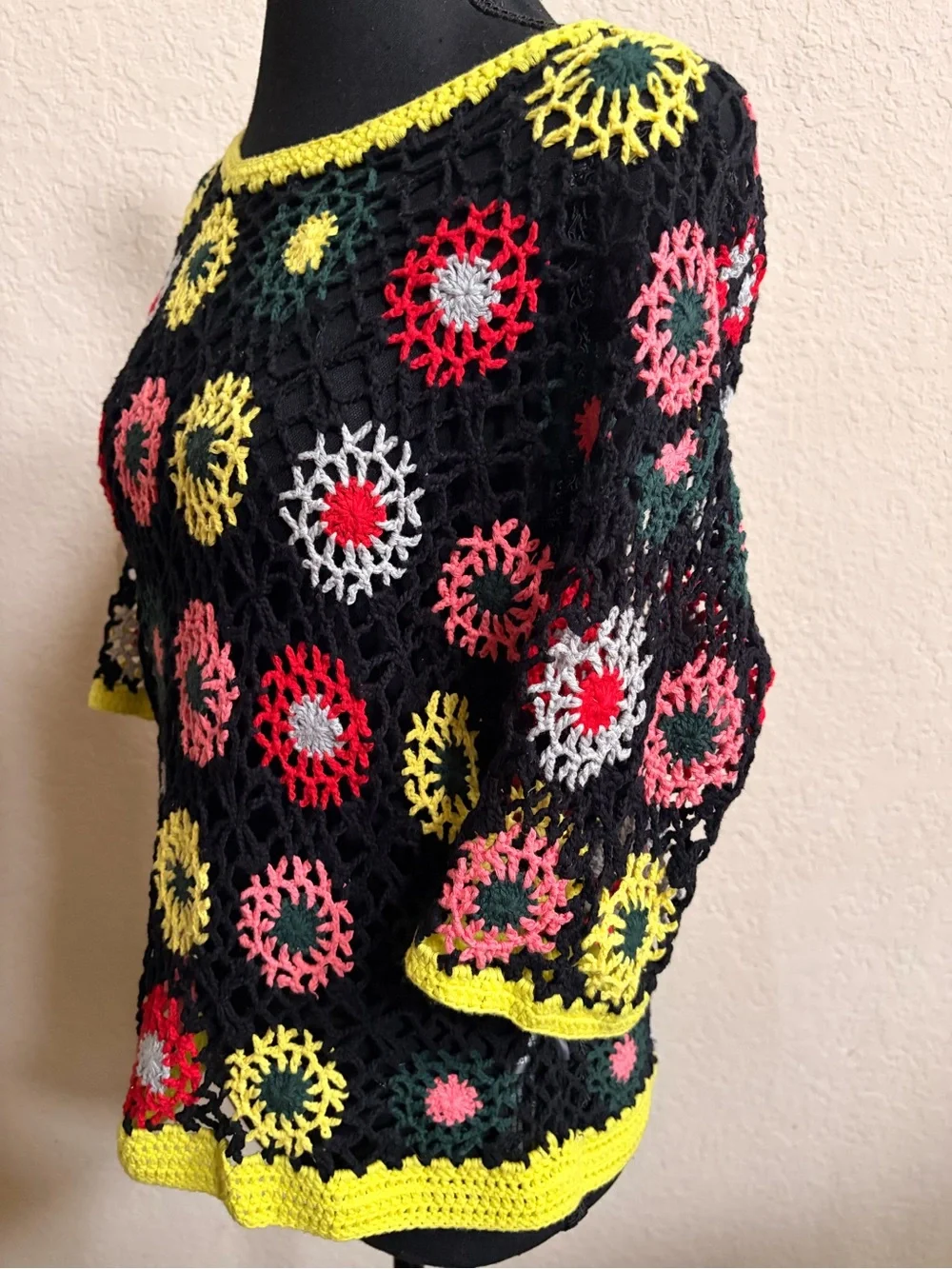 Zara Knit Black Crochet Top with Yellow, Red and Pink Motifs